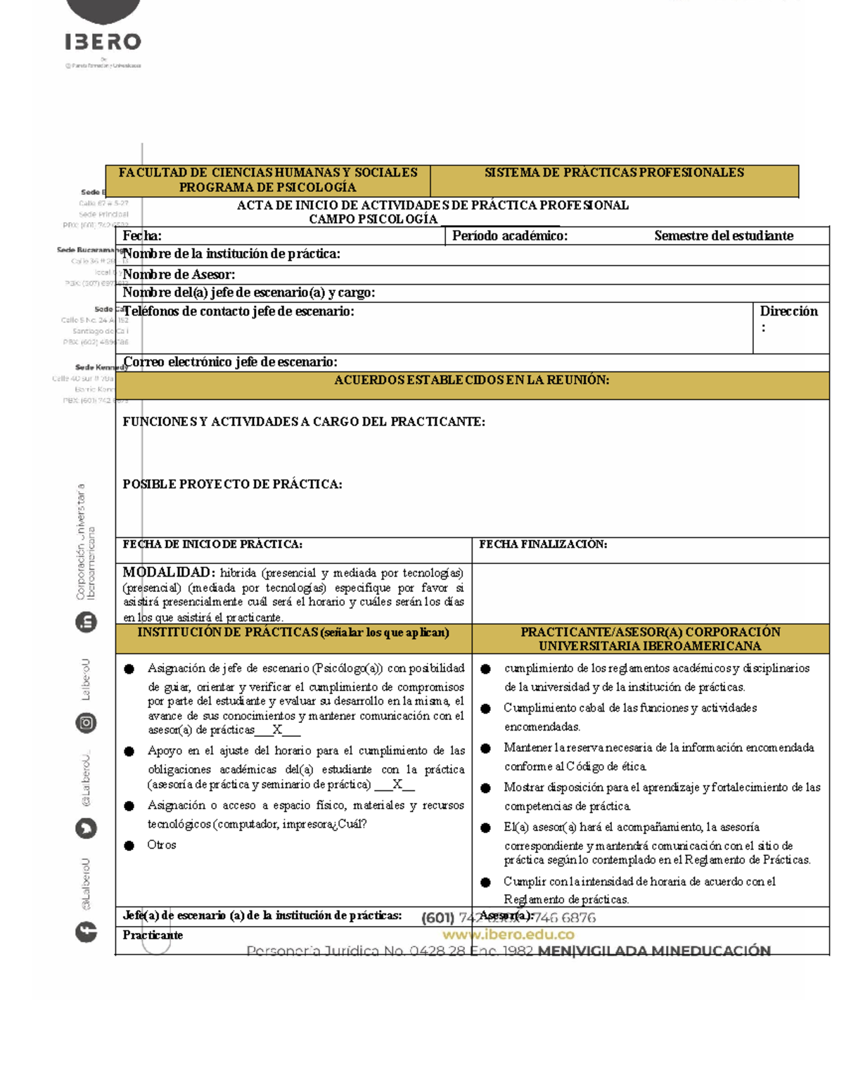 Acta de Inicio de Práctica Profesional en Psicología - Programa de ...
