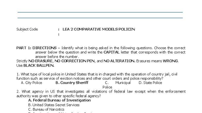 Lea 2 Comparative Models Policing Answer Key For Part 1 Studocu