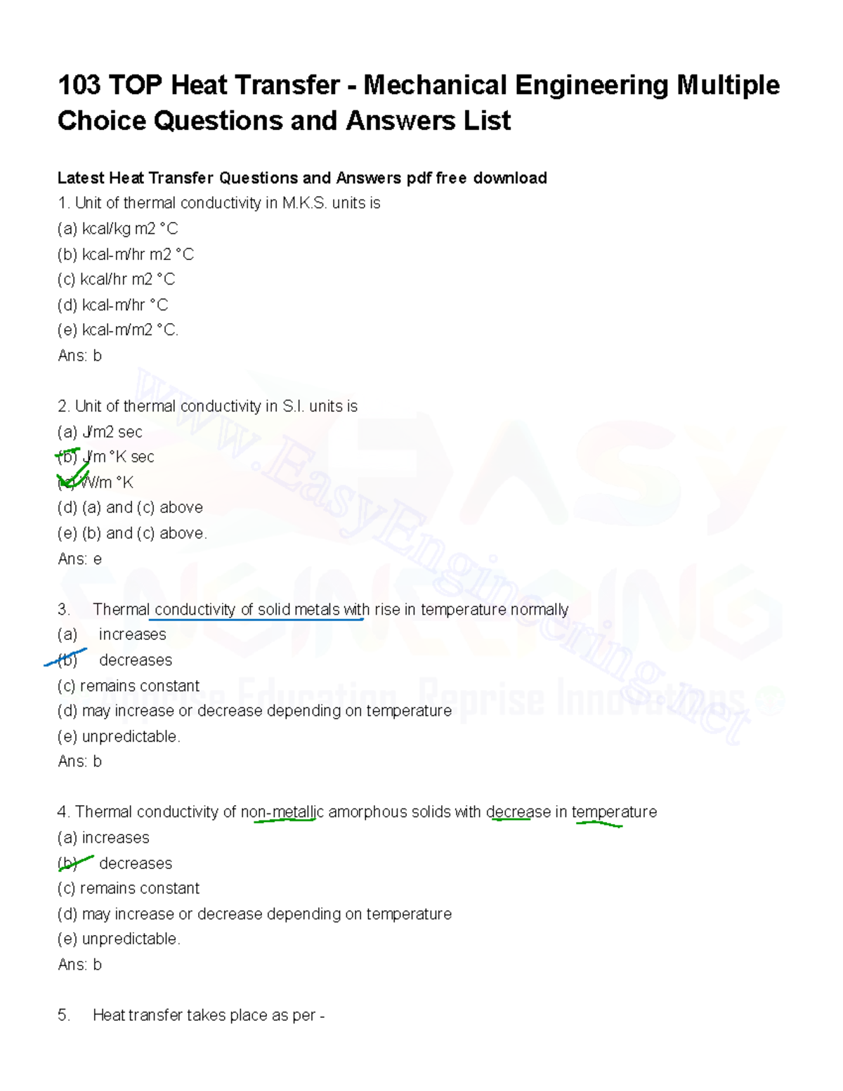 Heat Transfer MCQs for ME 103 - Multiple Choice Questions Guide - Studocu