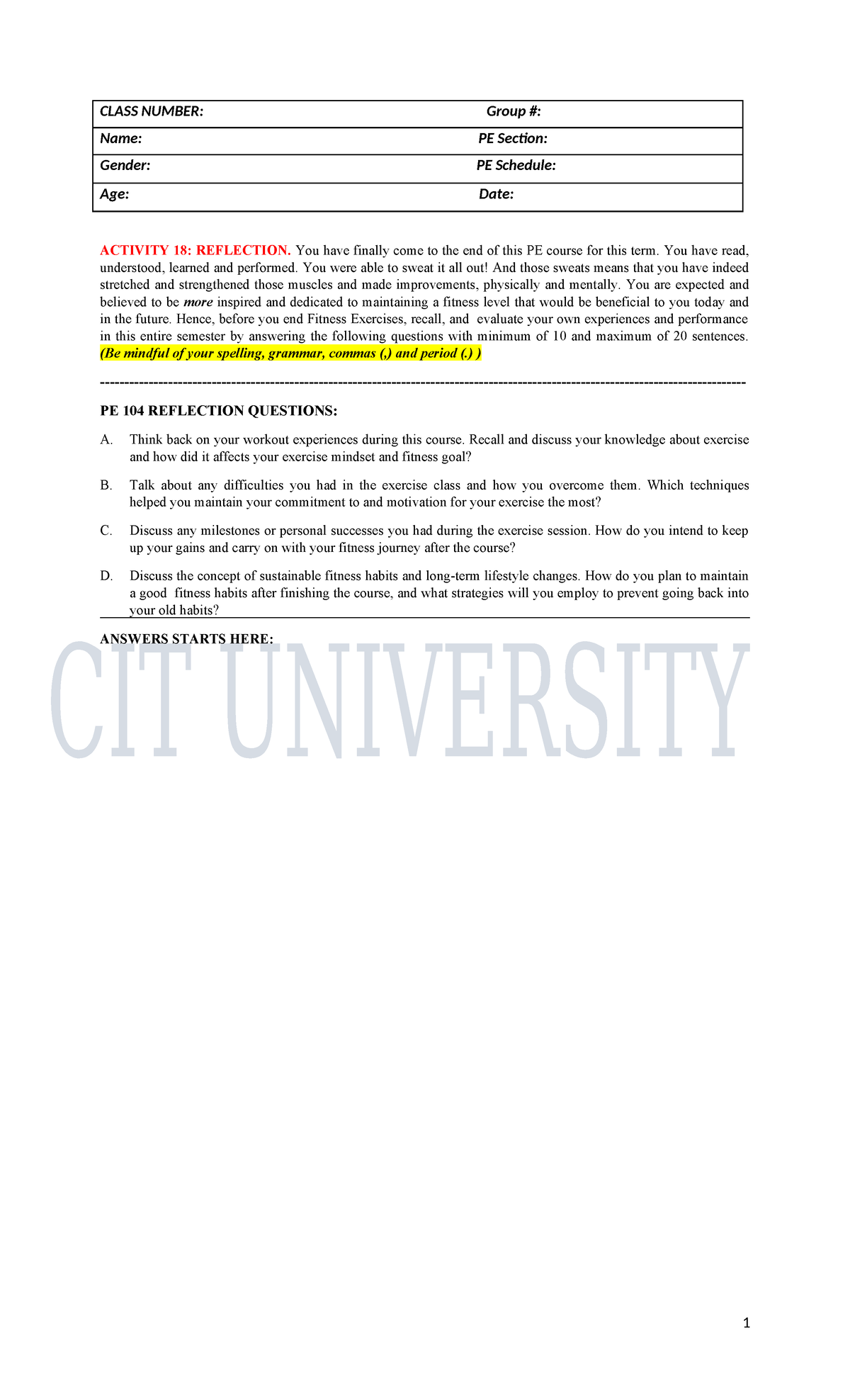Activity 18 Reflection - 1 CLASS NUMBER: Group #: Name: PE Section ...