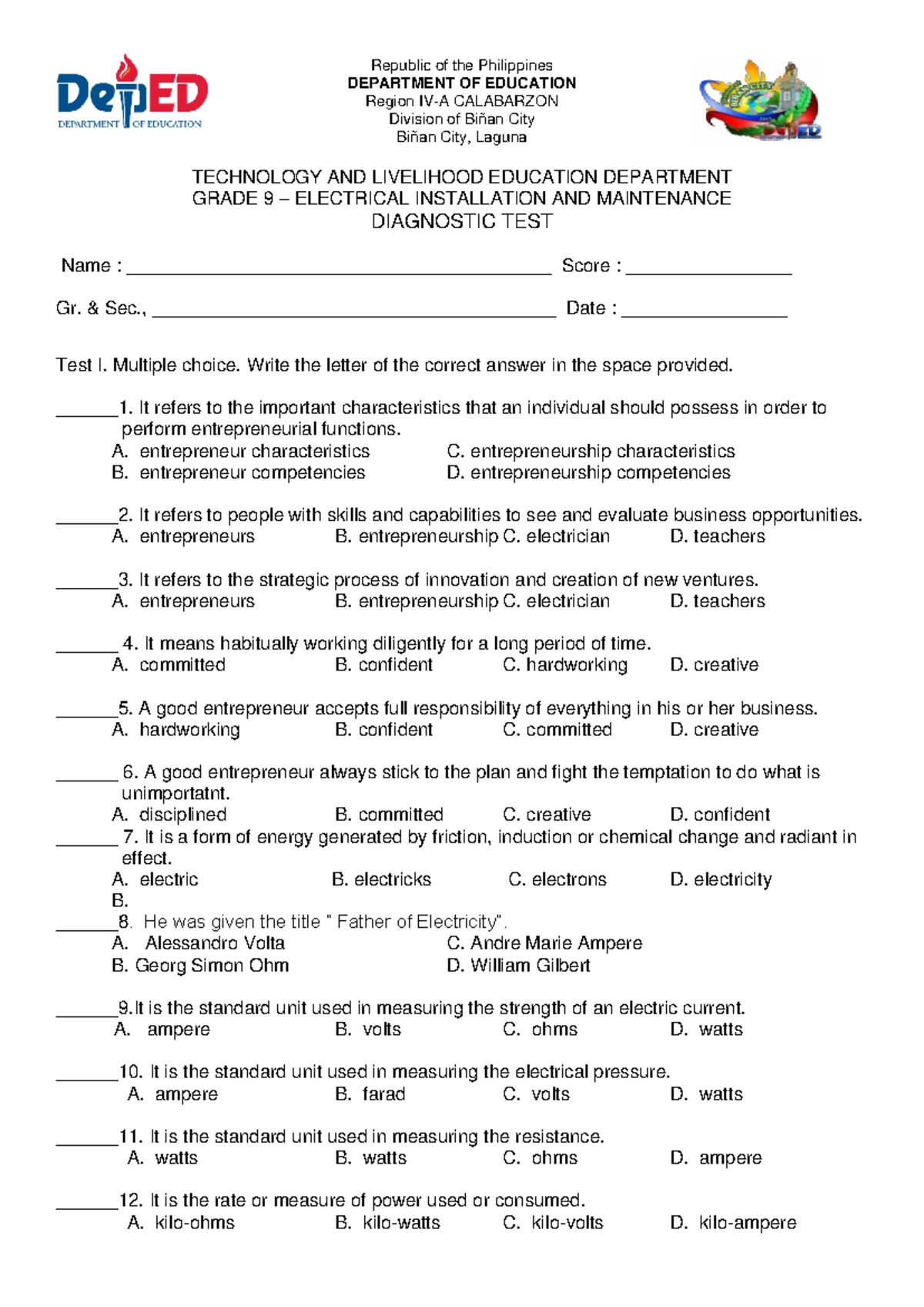 TLE EIM 9 Diagnostic Test 2021-2022: Electrical Installation ...