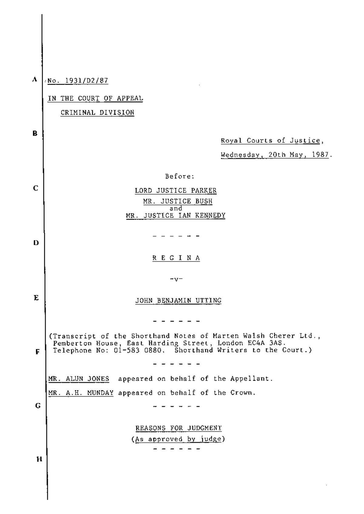 Rug v utting england wales case law - I IN THE COURT OF APPEAL CRIMINAL ...