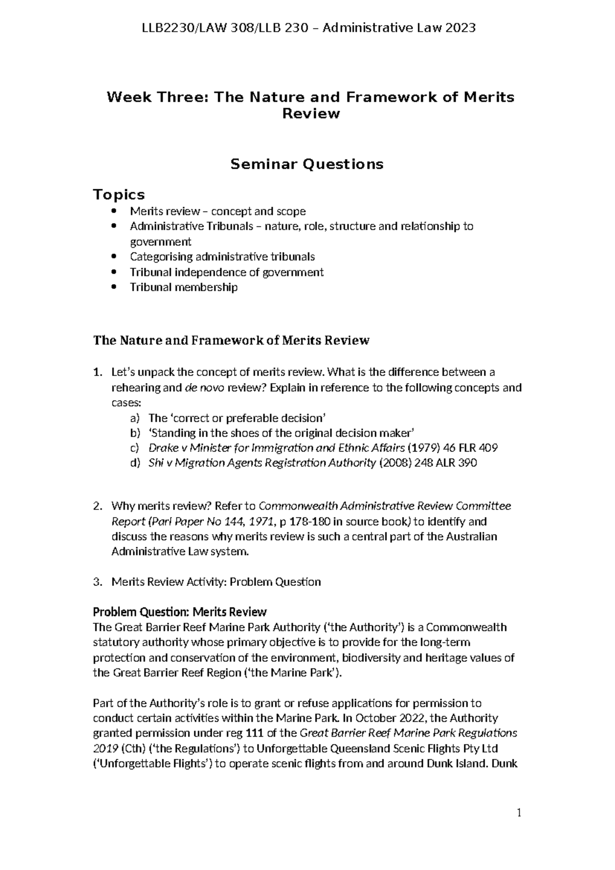 LLB2230 - Week 3 Seminar Questions - Week Three: The Nature and ...
