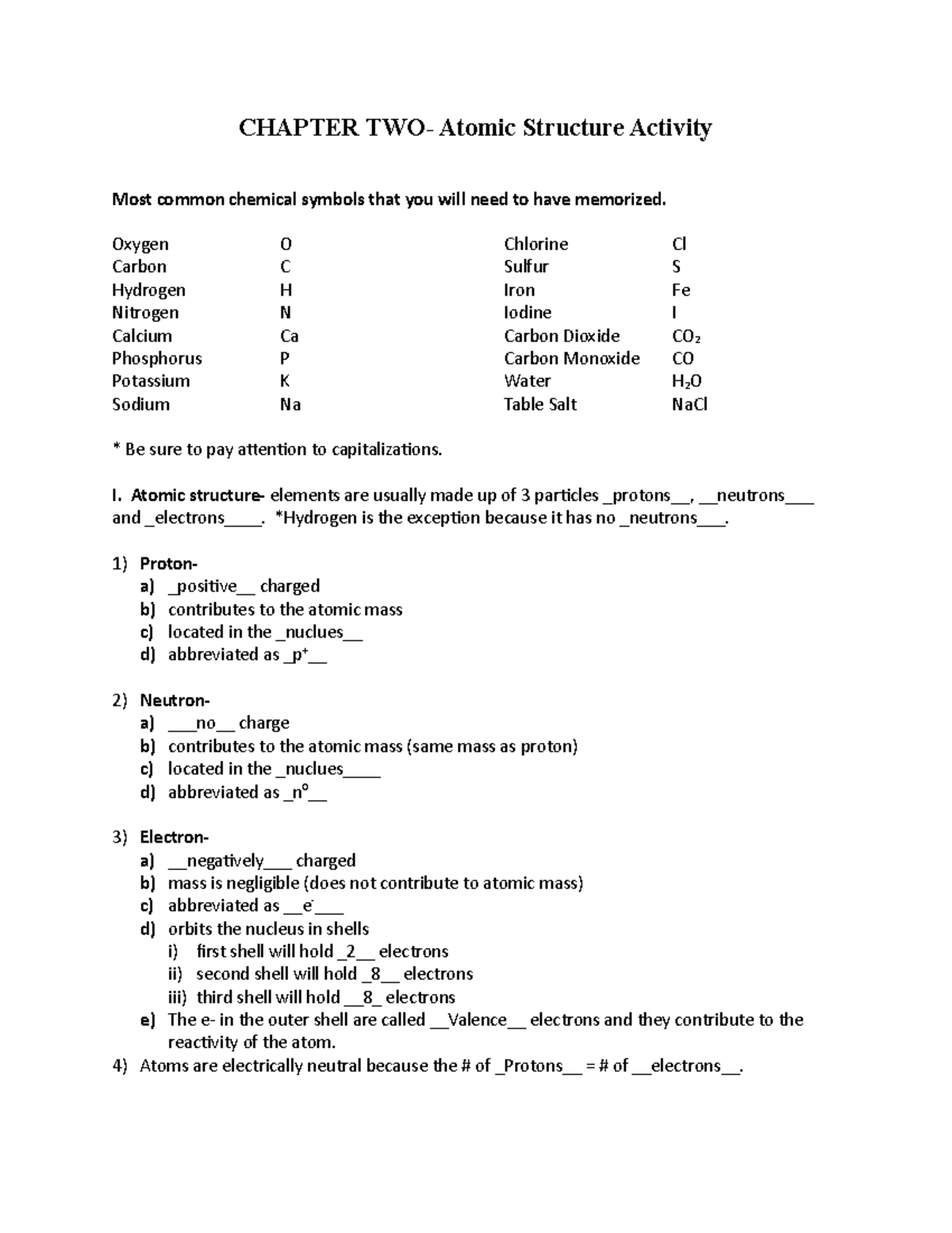 Chapter 2 Atomic Structure Activity key - CHAPTER TWO- Atomic Structure ...