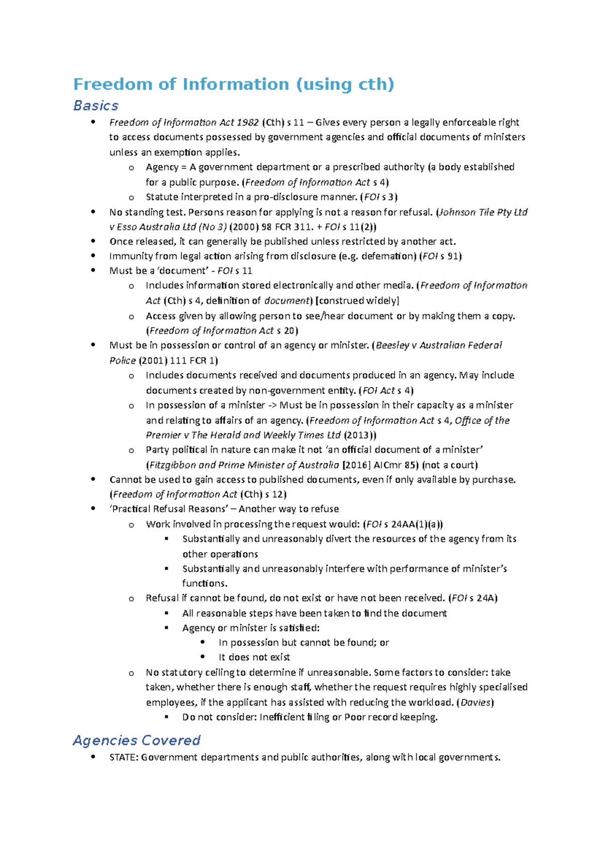 Admin Law FOI Summary Notes: Understanding Freedom of Information (Cth ...