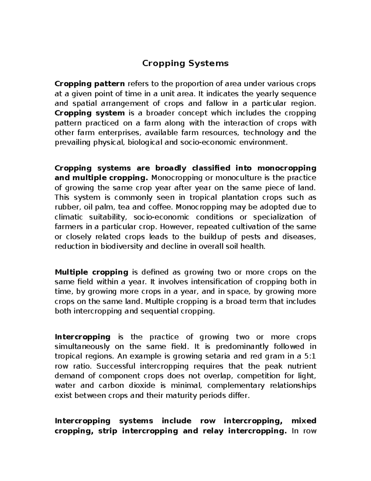 Cropping Systems: Patterns, Types, and Influencing Factors - Studocu