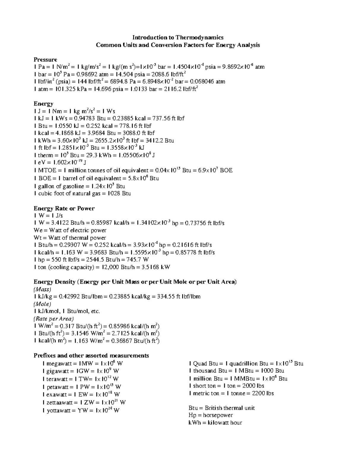 Thermodynamics Units & Conversion Factors for Energy Analysis - Studocu