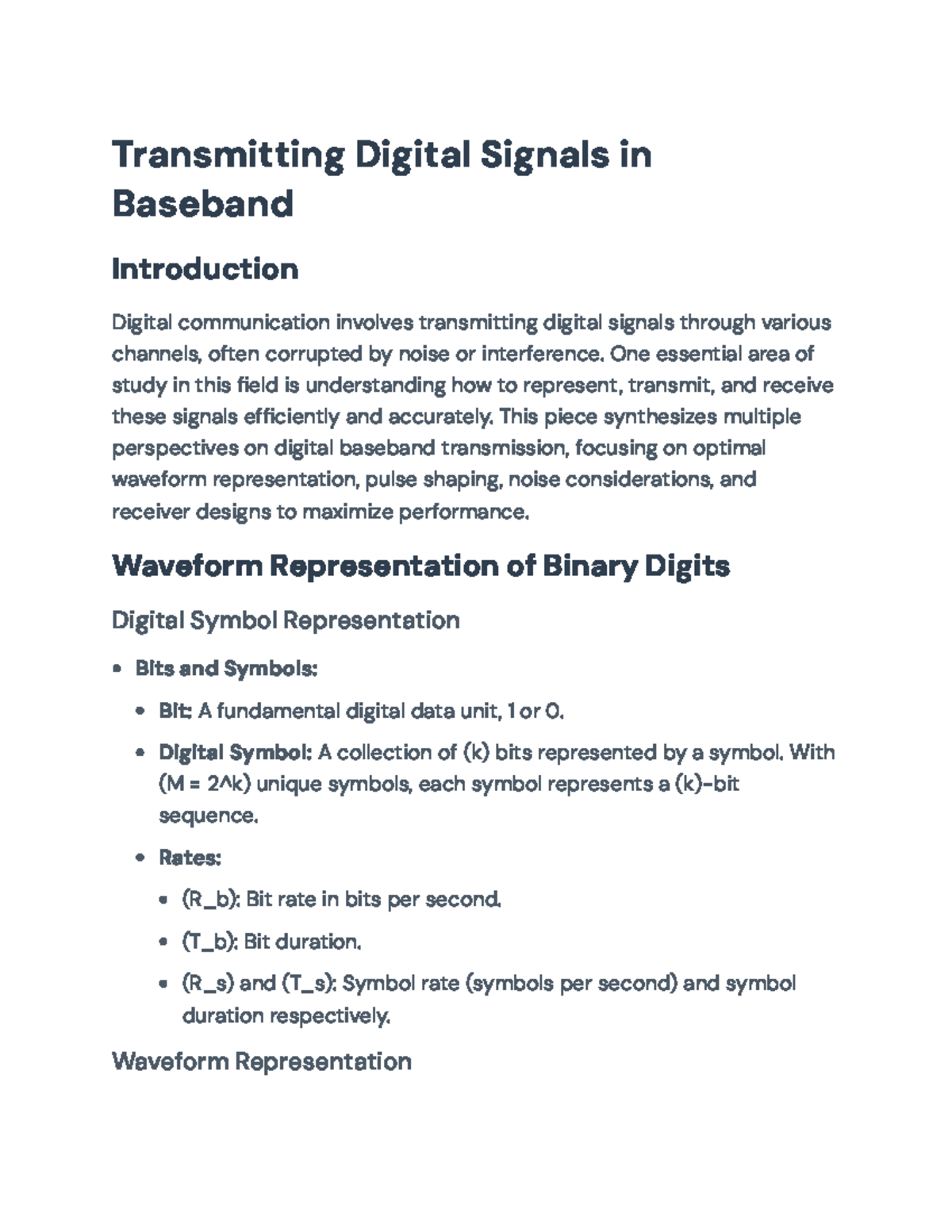 Transmitting Digital Signals in Baseband: Waveform to Receiver Design ...
