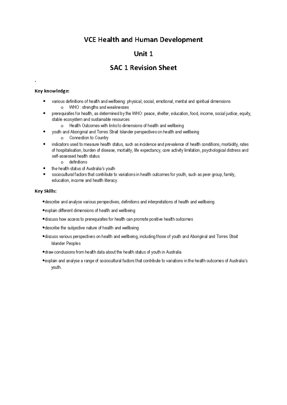 Unit 1 VCE Health & Human Development SAC 1 Revision Notes - Studocu
