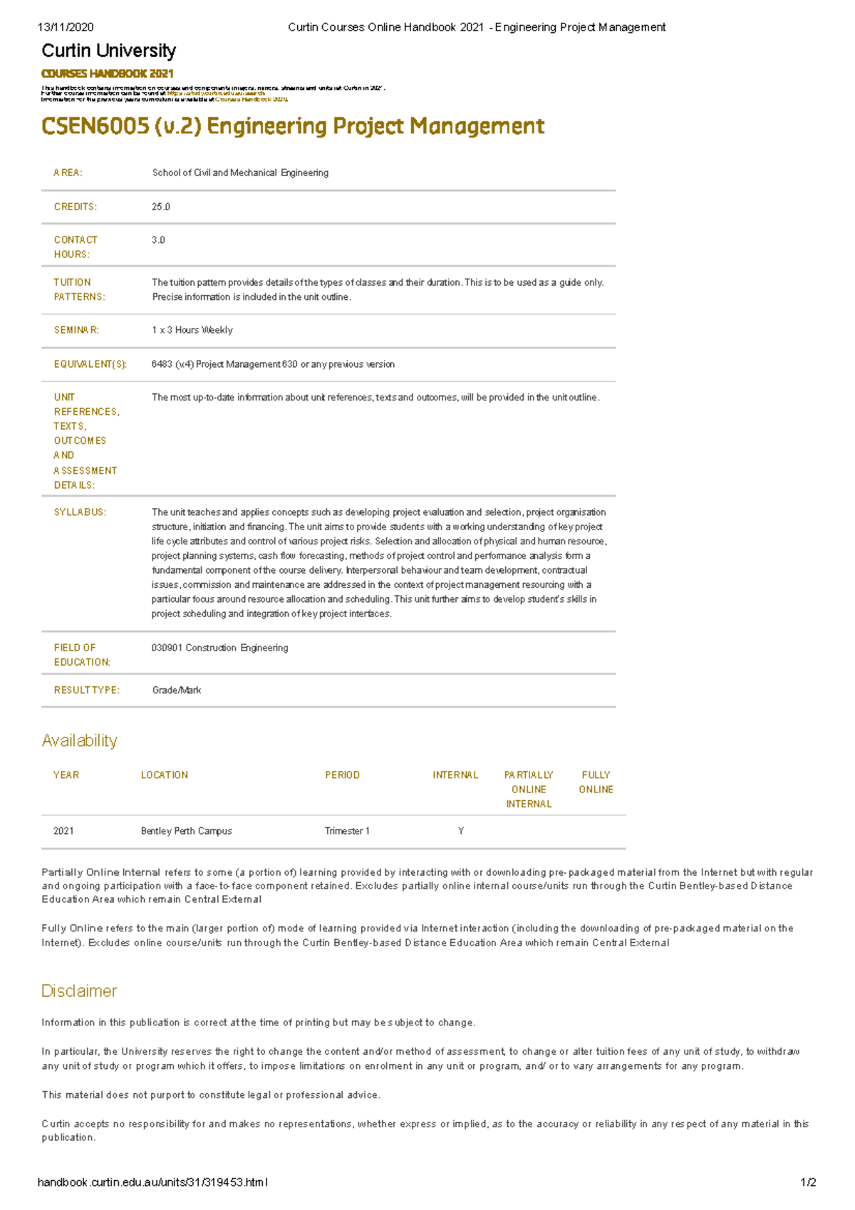 Engineering Project Management Guide (CSEN6005) - Curtin Handbook 2021 ...