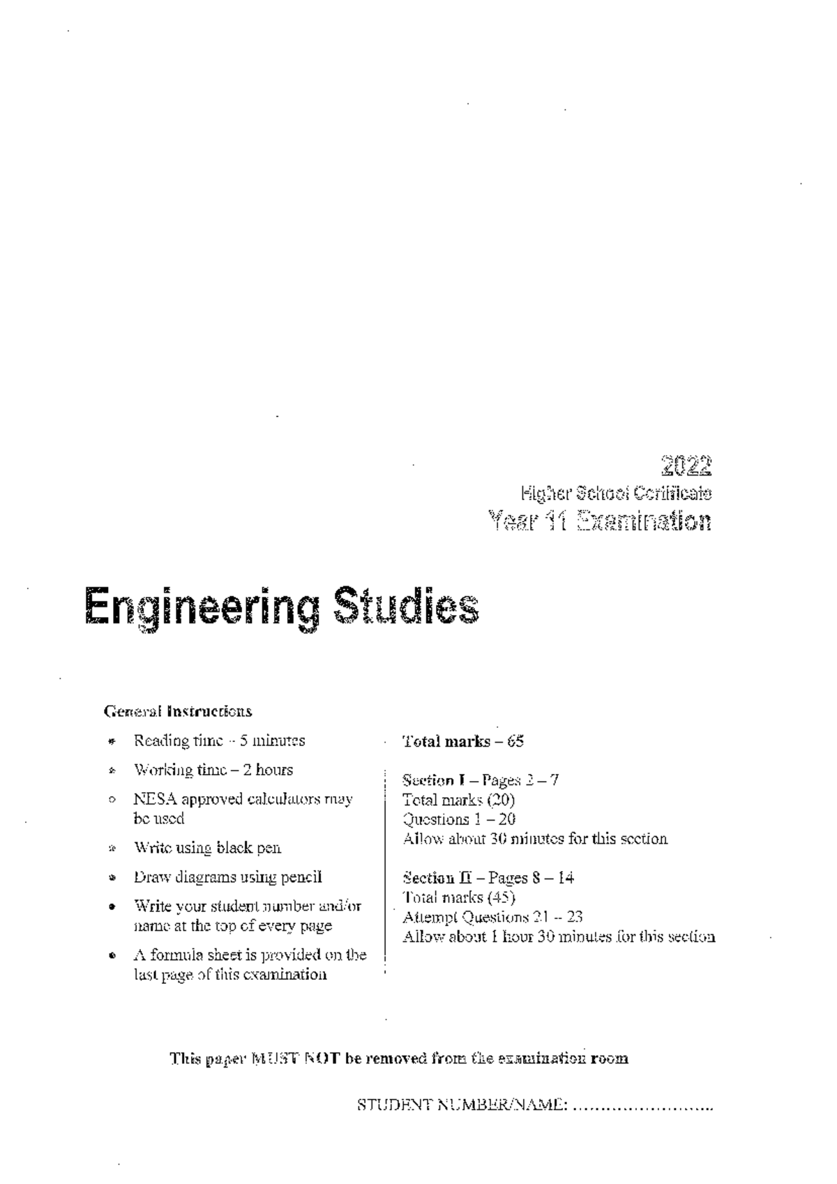 Engineering Studies HSC Year 11 Exam 2022 - General Instructions - Studocu
