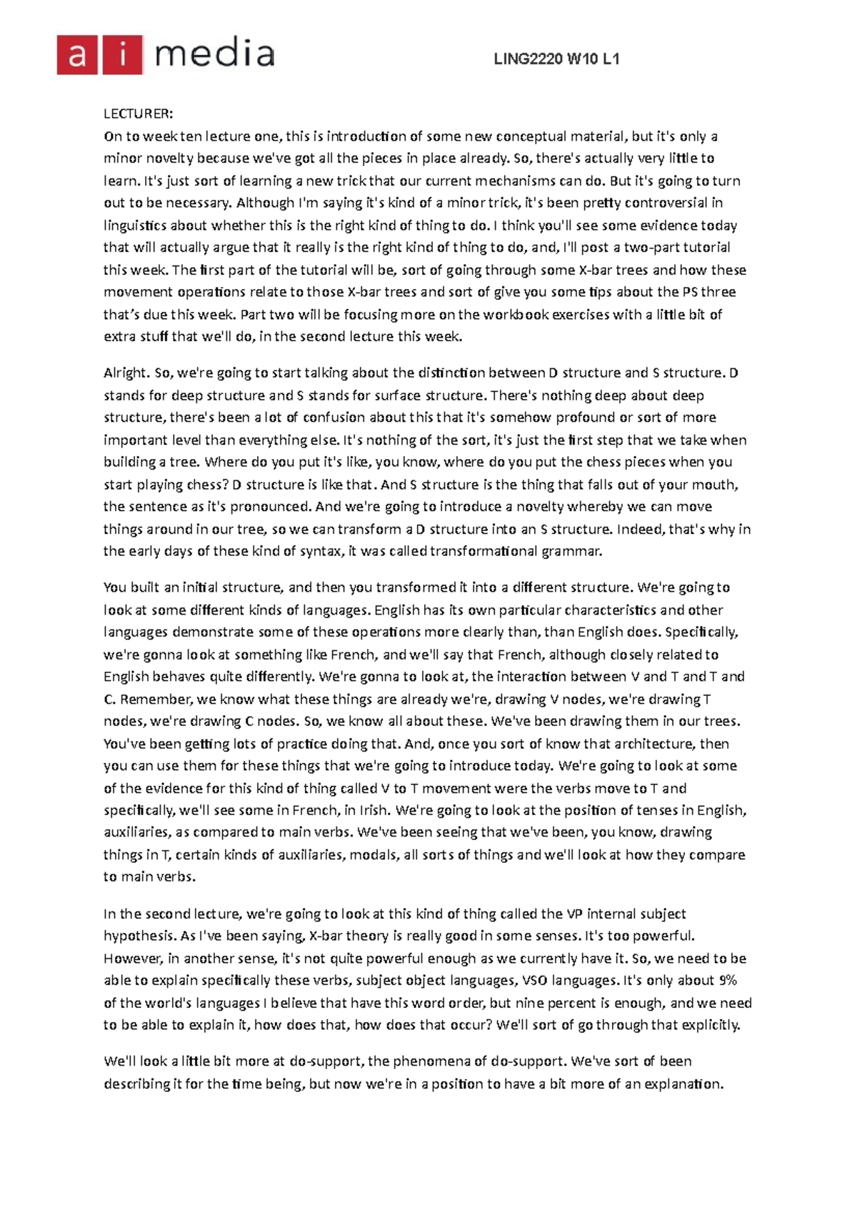LING2220 W10 L1 - Comprehensive Lecture Notes on Syntax Concepts - Studocu