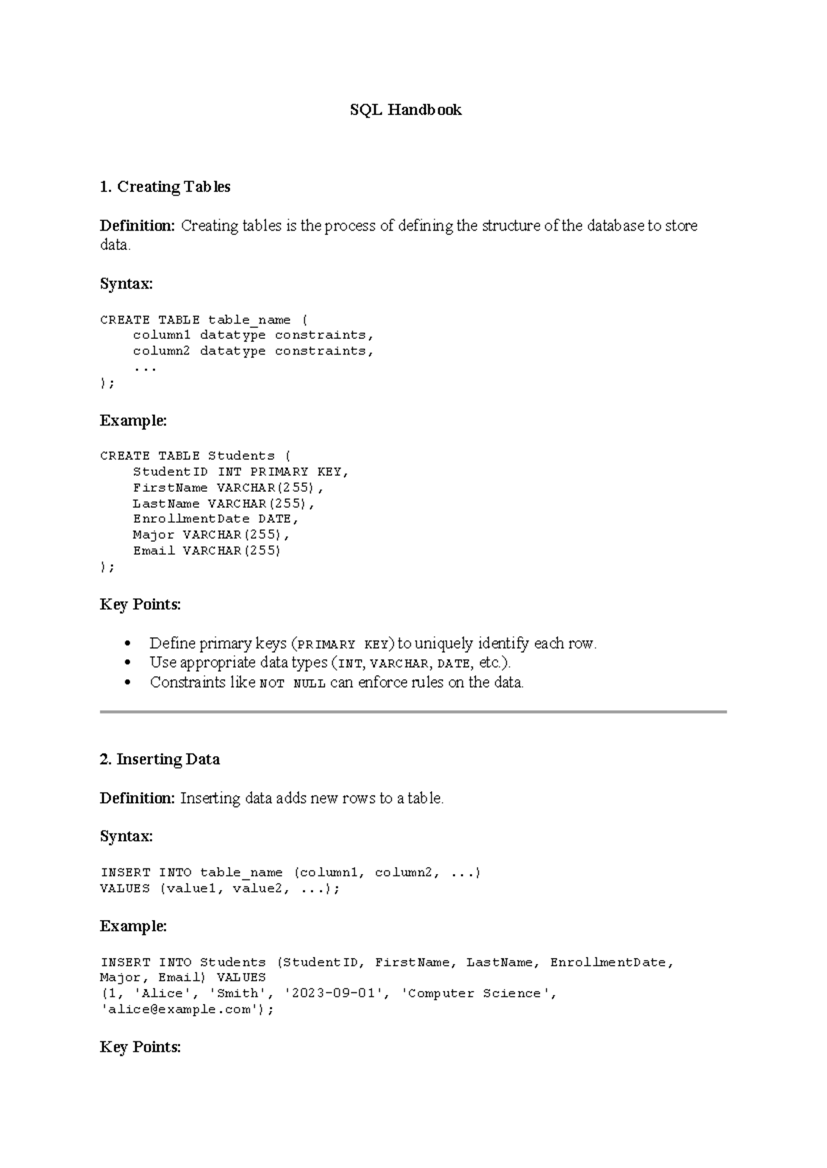 SQL Handbook - SQL Haandbook - SQL Handbook 1. Creating Tables ...