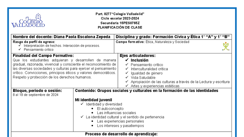 FCYE 1° Sepiembre - fsvf - Nombre del docente: Diana Paola Escalona ...