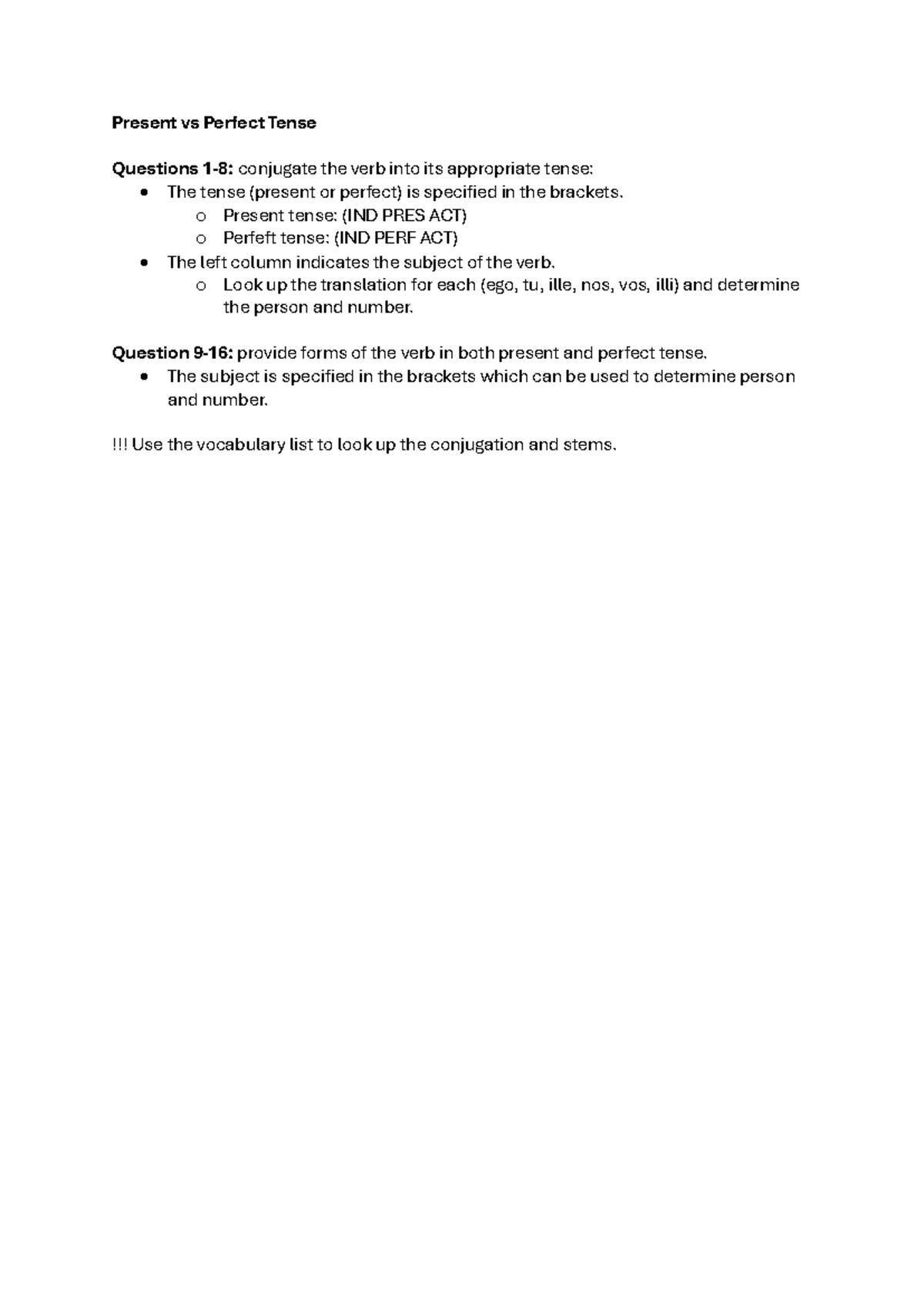 Present vs Perfect Tense Worksheet (LATIN 101) - Studocu