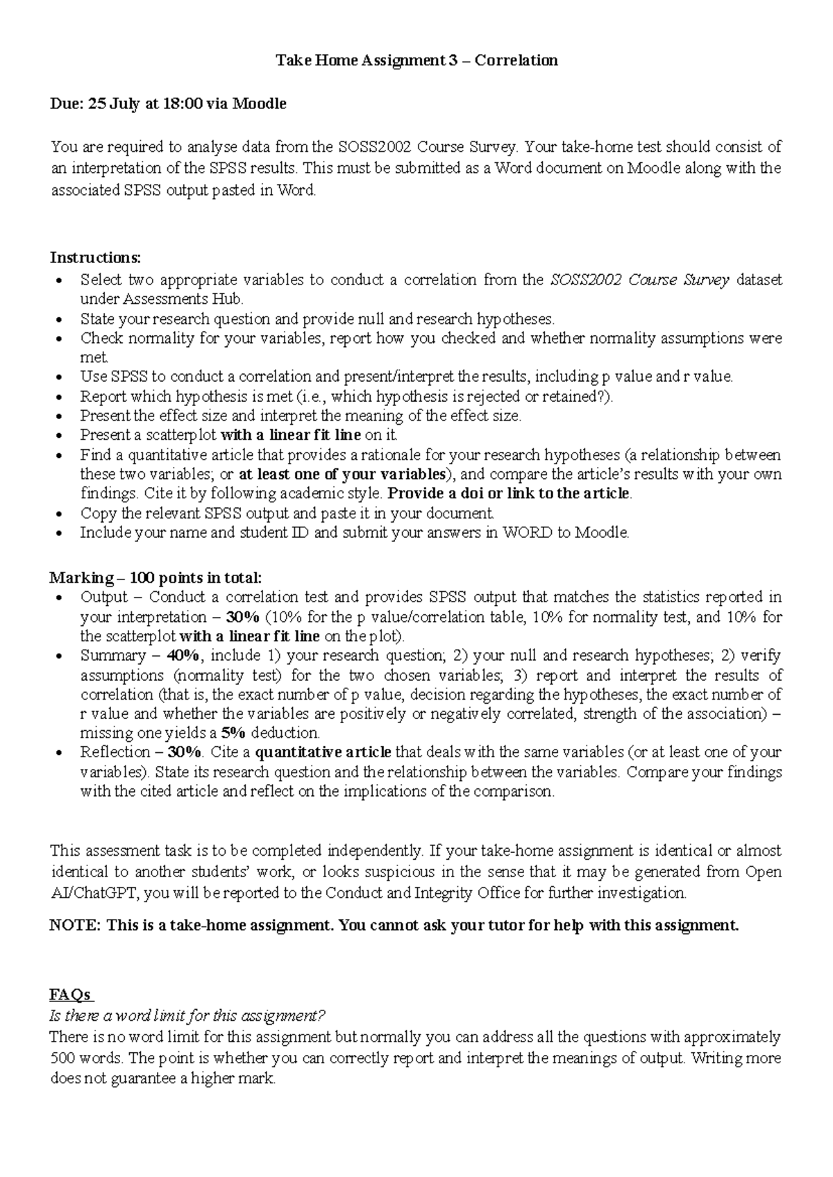 SOSS2002 Take Home Assignment 3: Correlation Analysis Guide - Studocu