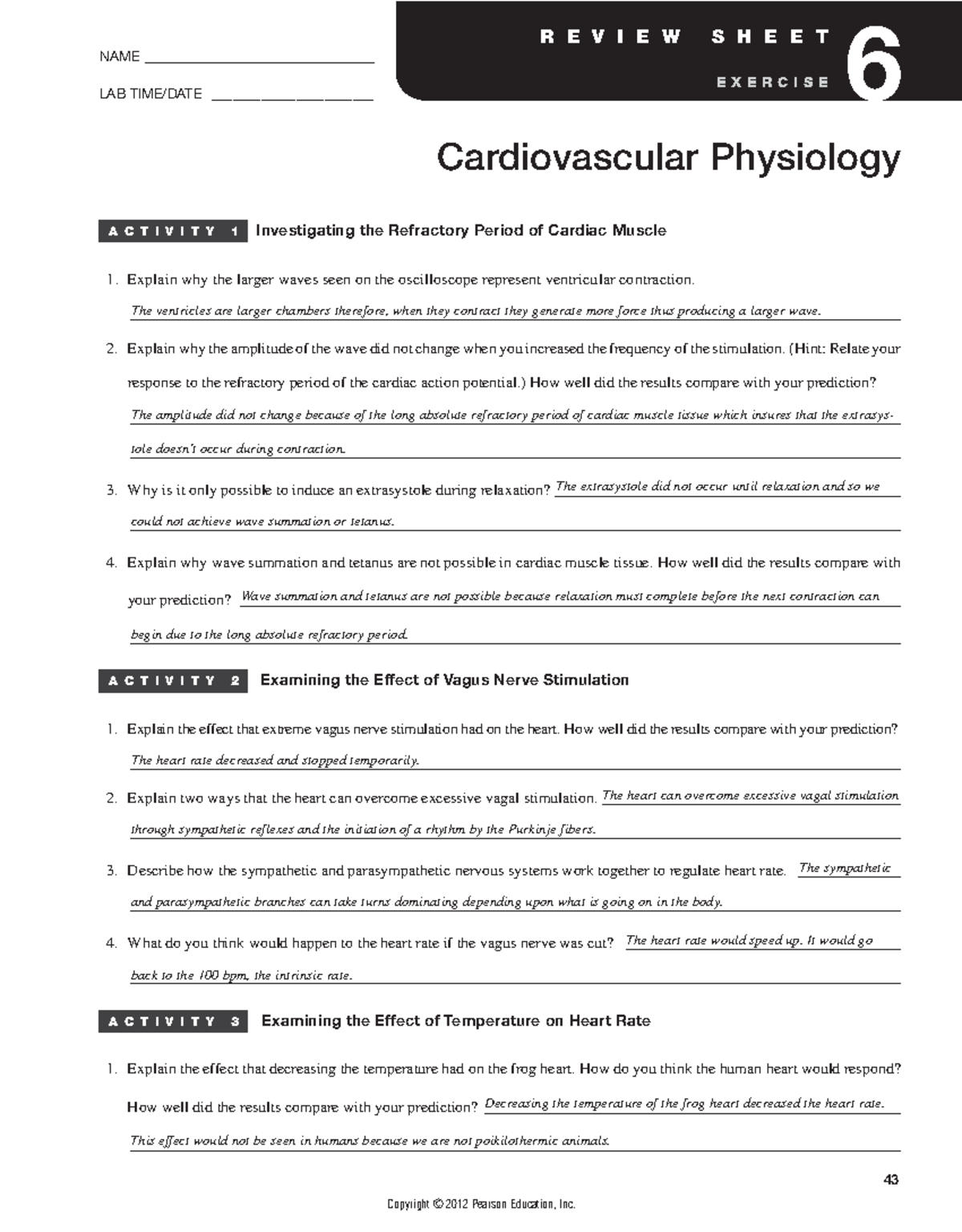 Physio Ex Exercise 6: Cardiovascular Physiology Review Activities 1-5 ...