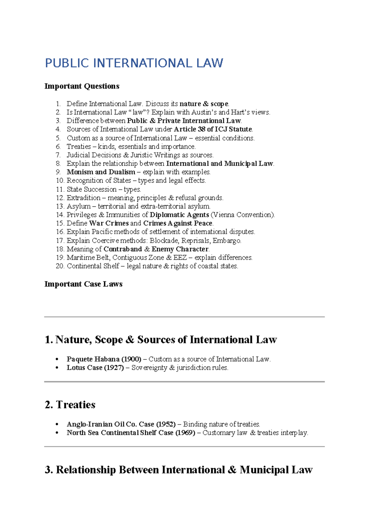 PIL 101: Important Questions on Public International Law - Studocu
