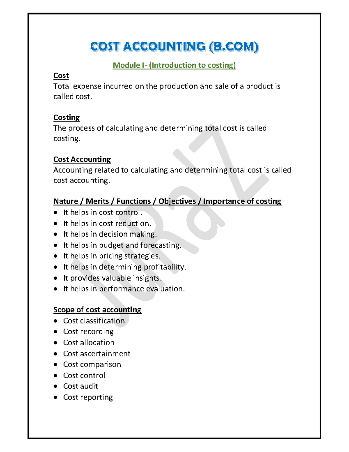 Cost Accounting - Module I - Introduction to Costing Notes - Studocu