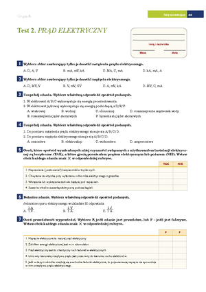 Test 2. Prąd elektryczny Test (z widoczną punktacją) - Grupa A | strona