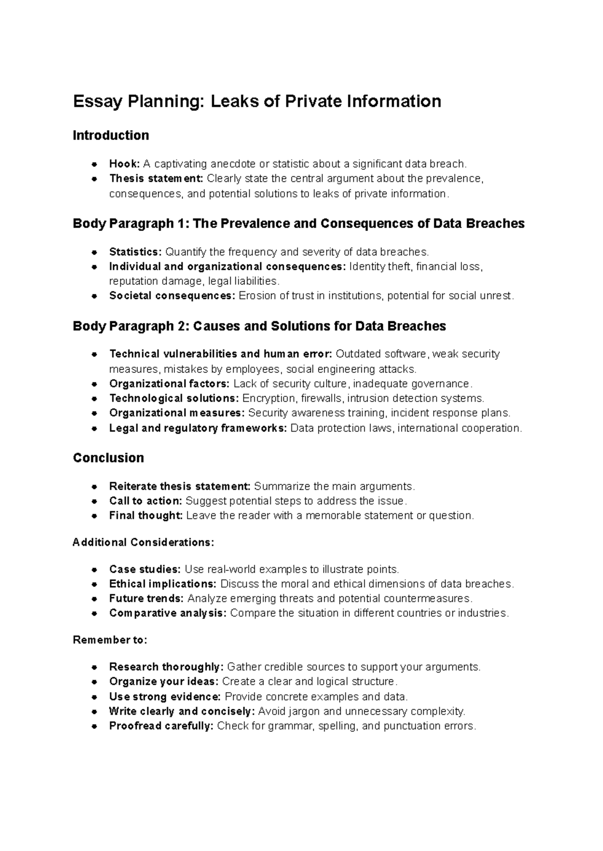 ENG 101 Essay Planning: Addressing Data Breaches and Privacy Leaks ...