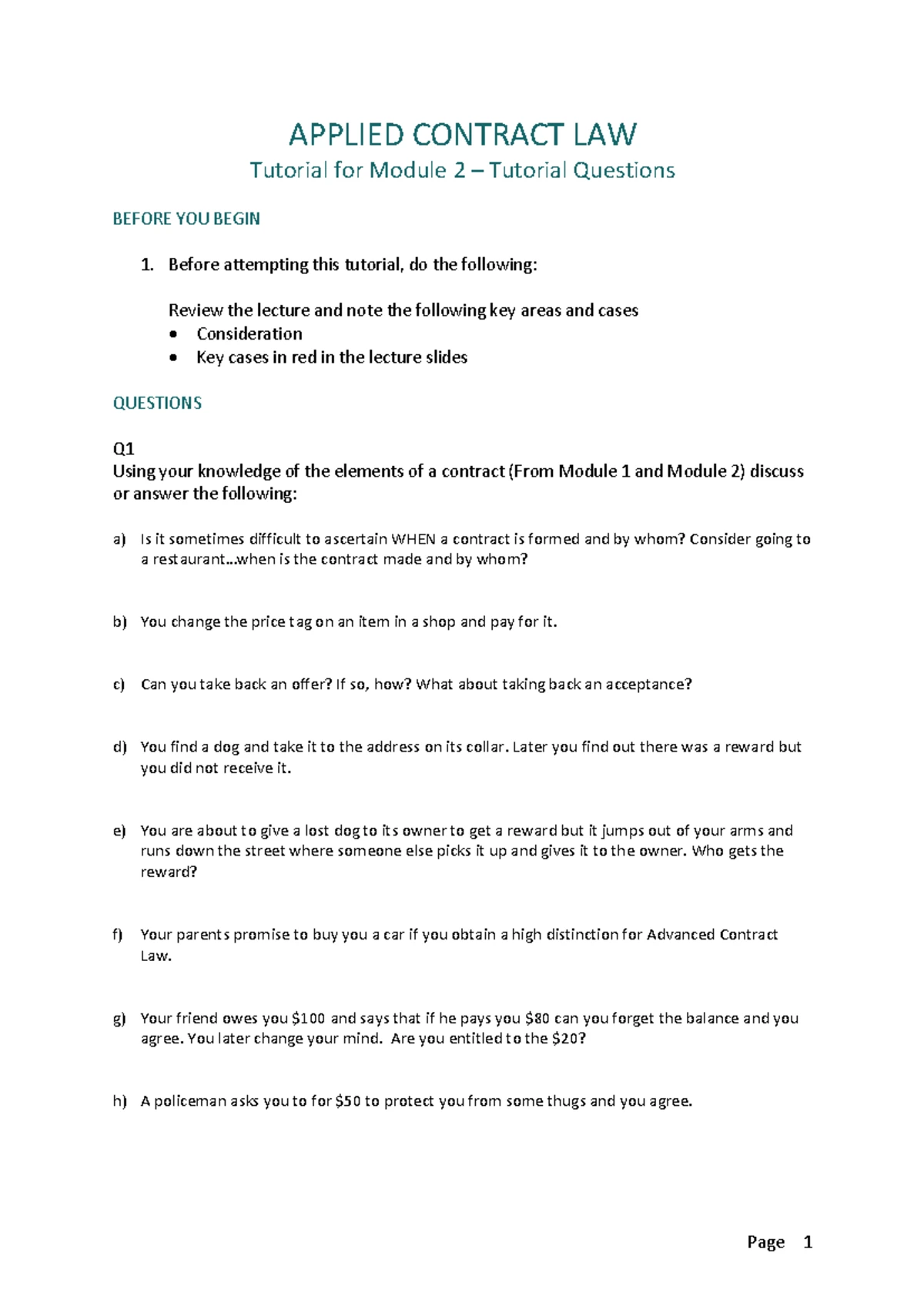 Module 1 - Tutorial Questions for Applied Contract Law Concepts - Studocu