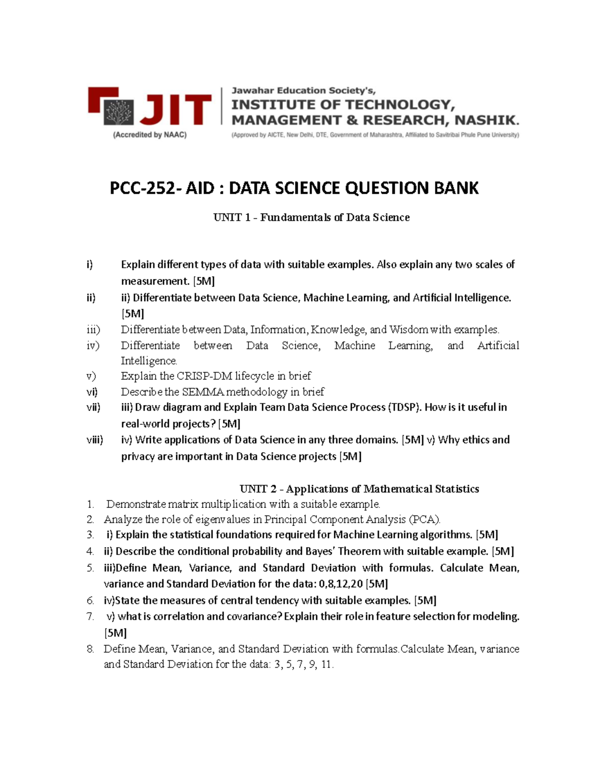 AID: DATA SCIENCE QUESTION BANK UNIT 1 & 2 Overview - Studocu