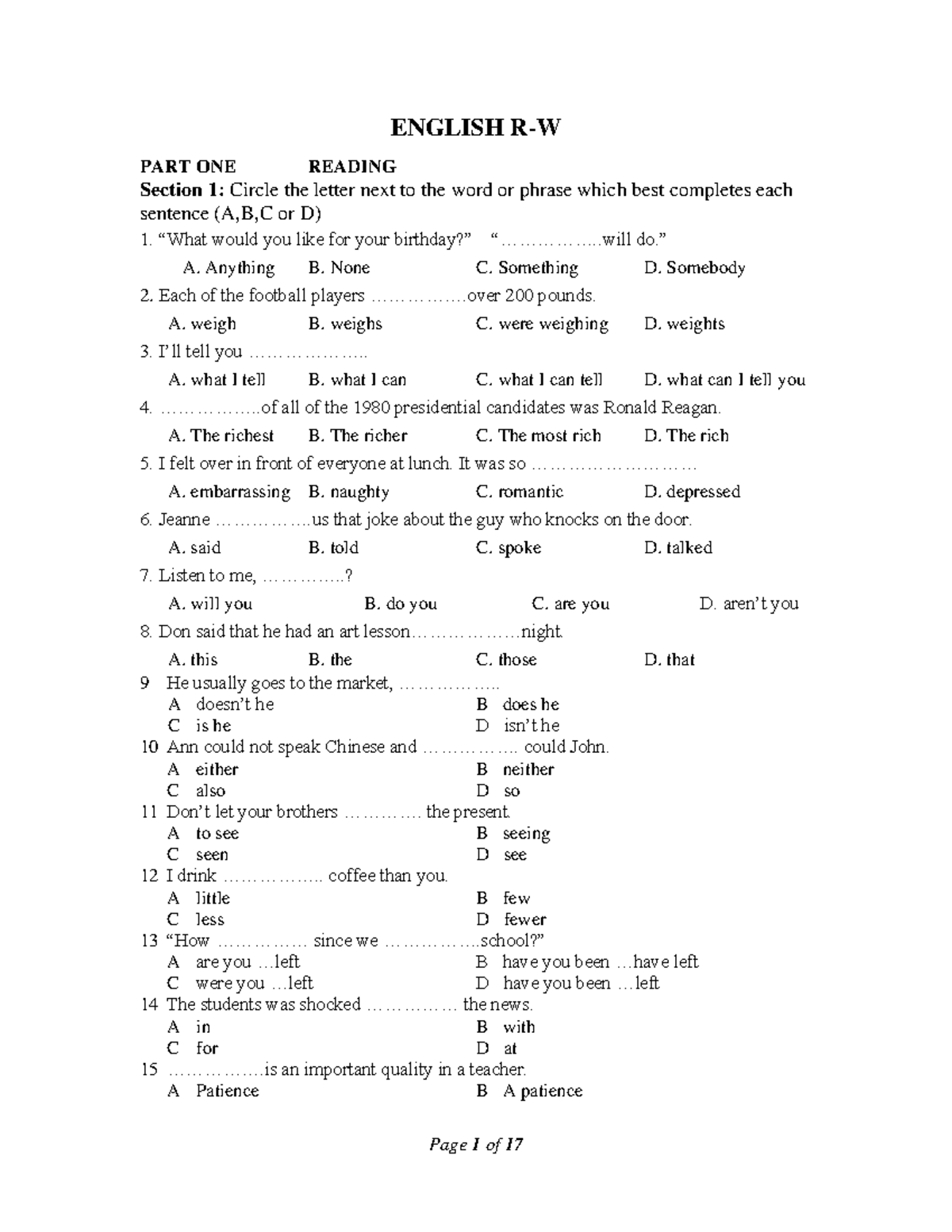 TA 24121 - English Reading Comprehension Exercises and Assignments ...