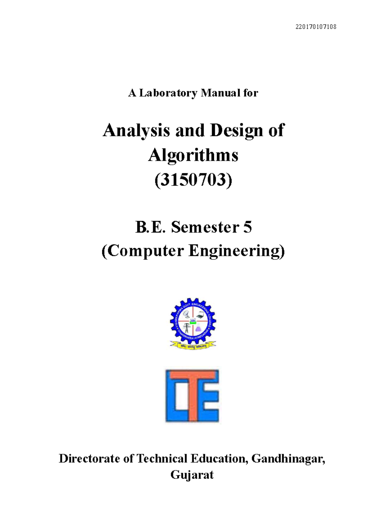 220170107108 Lab Manual: Analysis & Design of Algorithms (3150703) for ...
