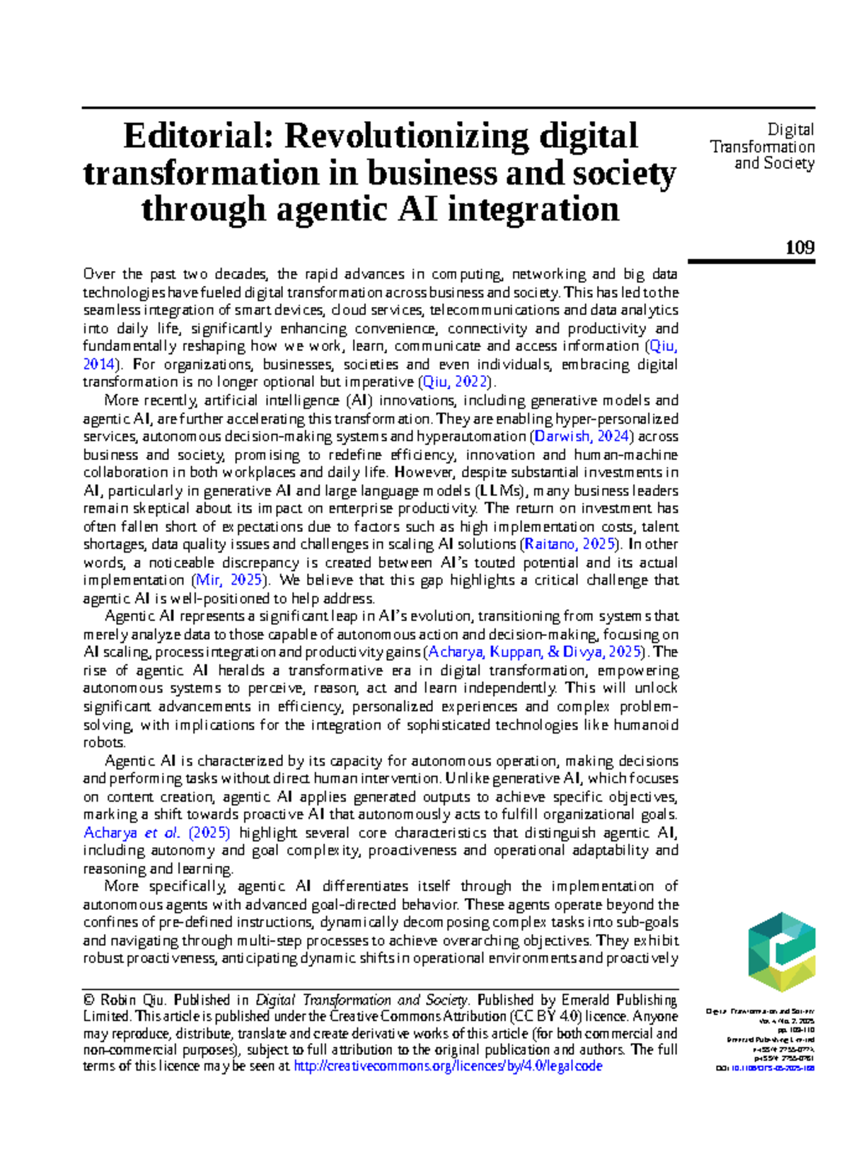 Editorial: Revolutionizing Digital Transformation via Agentic AI ...
