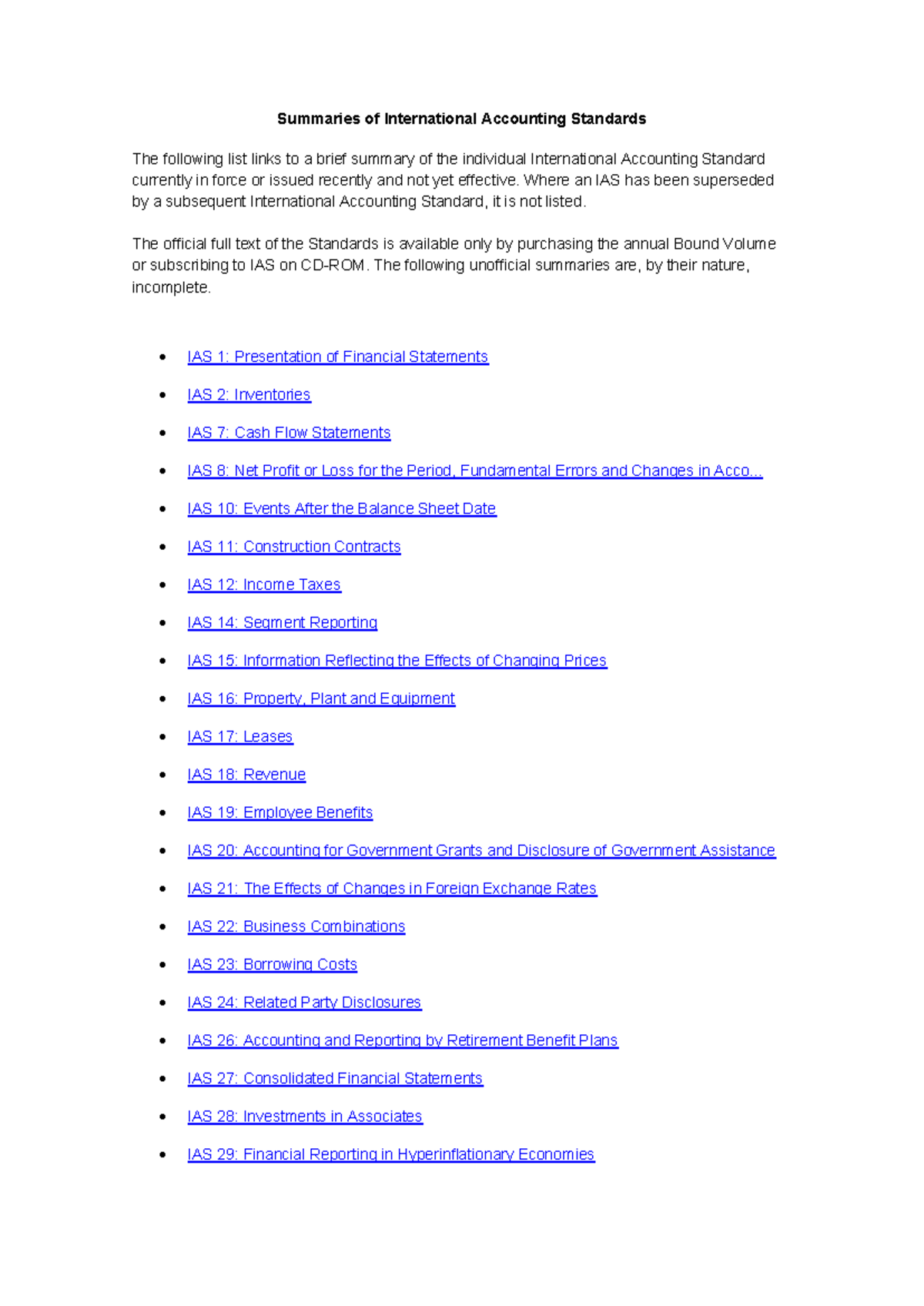 Summaries of IAS: Key International Accounting Standards - Studocu