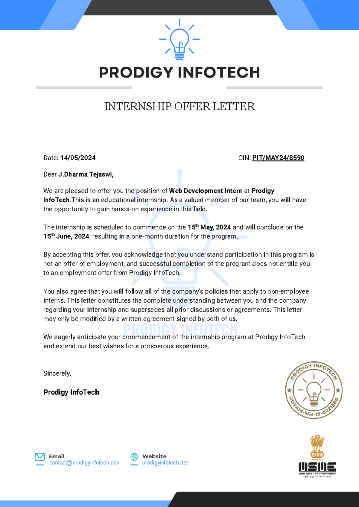 AICTE Virtual Internship Offer Letter for Web Development Intern - Studocu