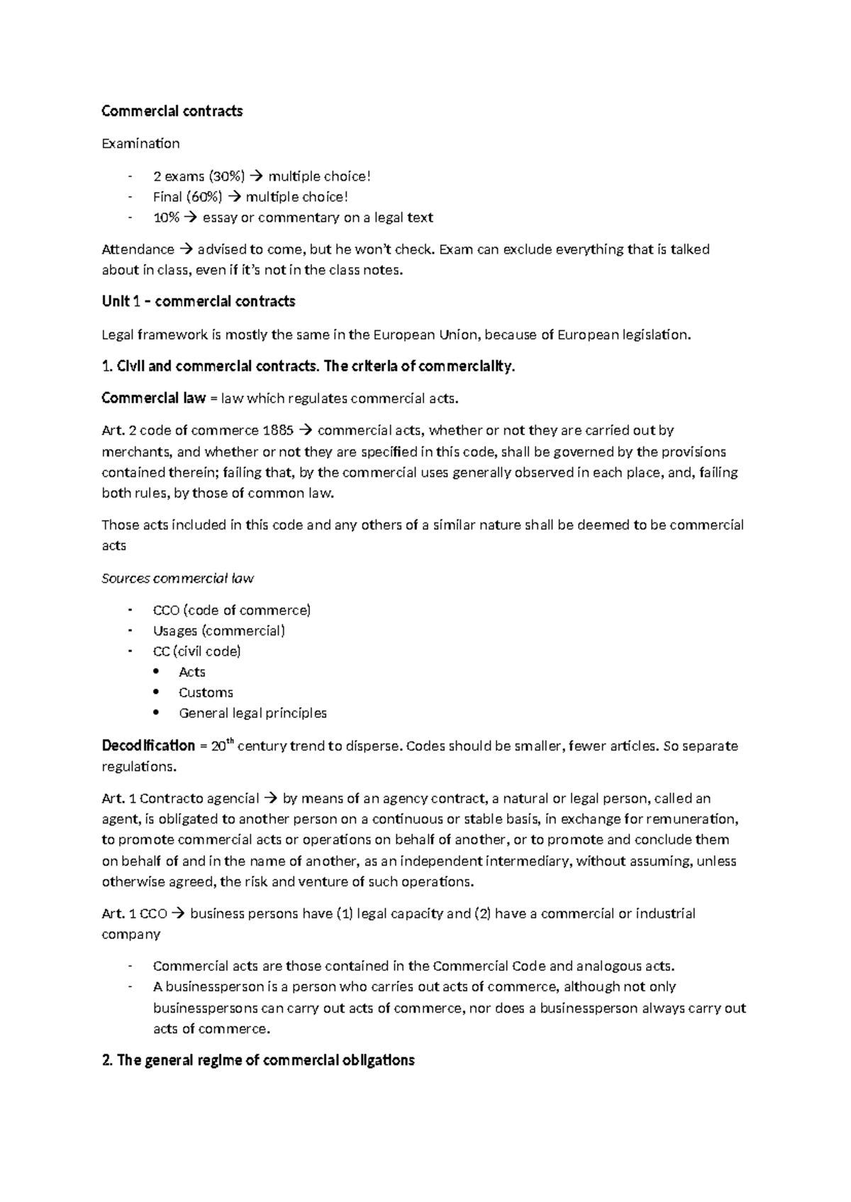 Commercial Contracts - First Class Notes (Exam 2) - Studocu