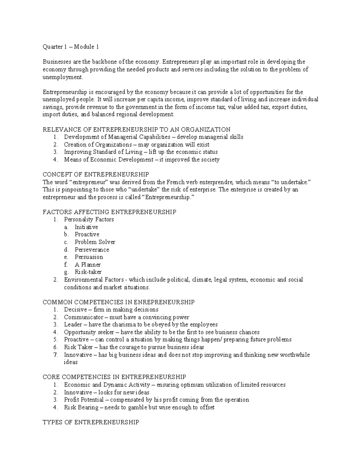 Entrep 101: Quarter 1 Modules 1-6 Comprehensive Notes - Studocu