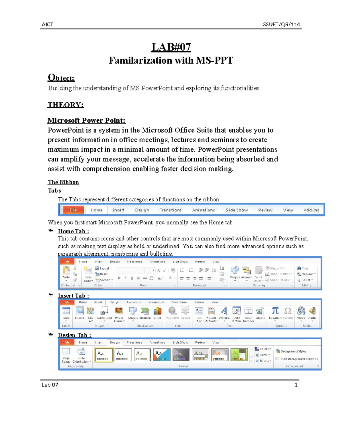AICT Lab 07: Mastering MS PowerPoint Functions and Presentation Skills ...