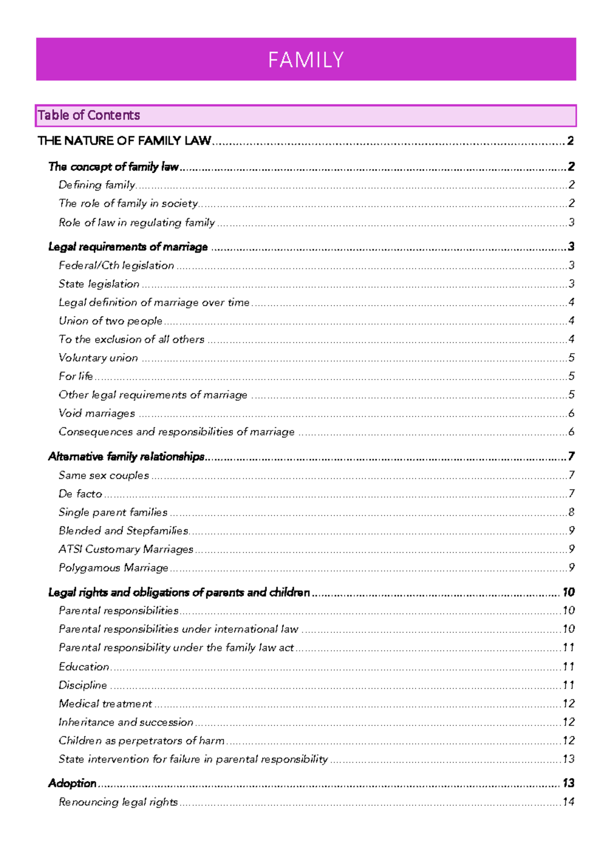 FAMILY LAW NOTES - KEY CONCEPTS & LEGISLATIONS (LAW101) - Studocu