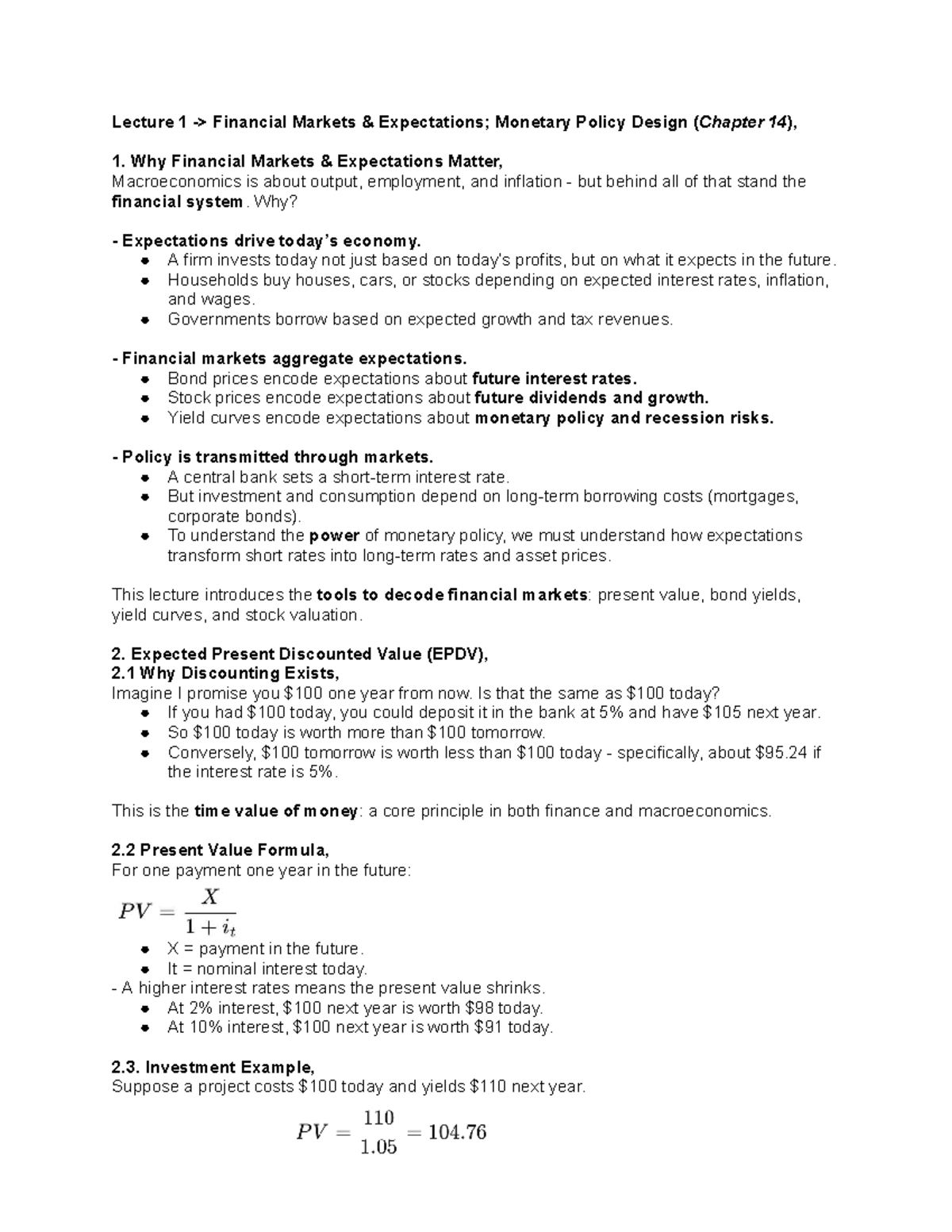 Lecture 1: Financial Markets & Monetary Policy Design (Chapter 14 ...