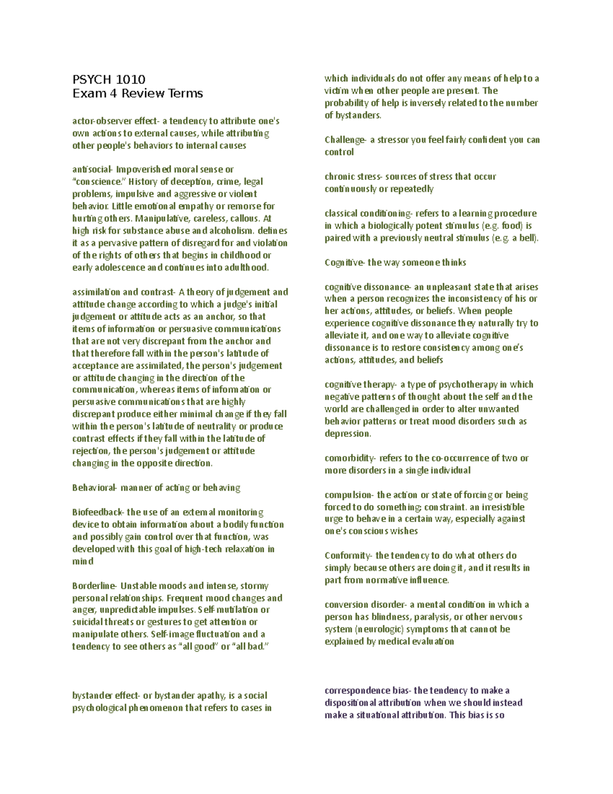 PSYCH 1010 Exam 4 Lecture Notes Review Sheet and Key Terms - Studocu
