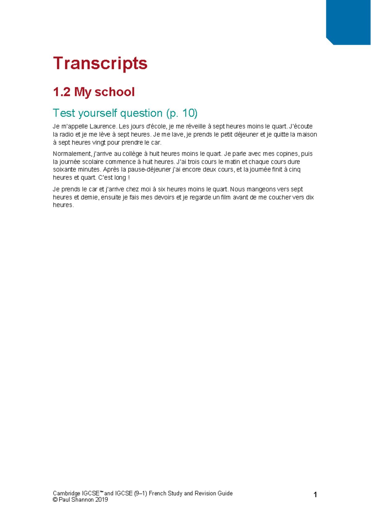 Cam igcse french srg transcripts - 1 My school Test yourself question ...