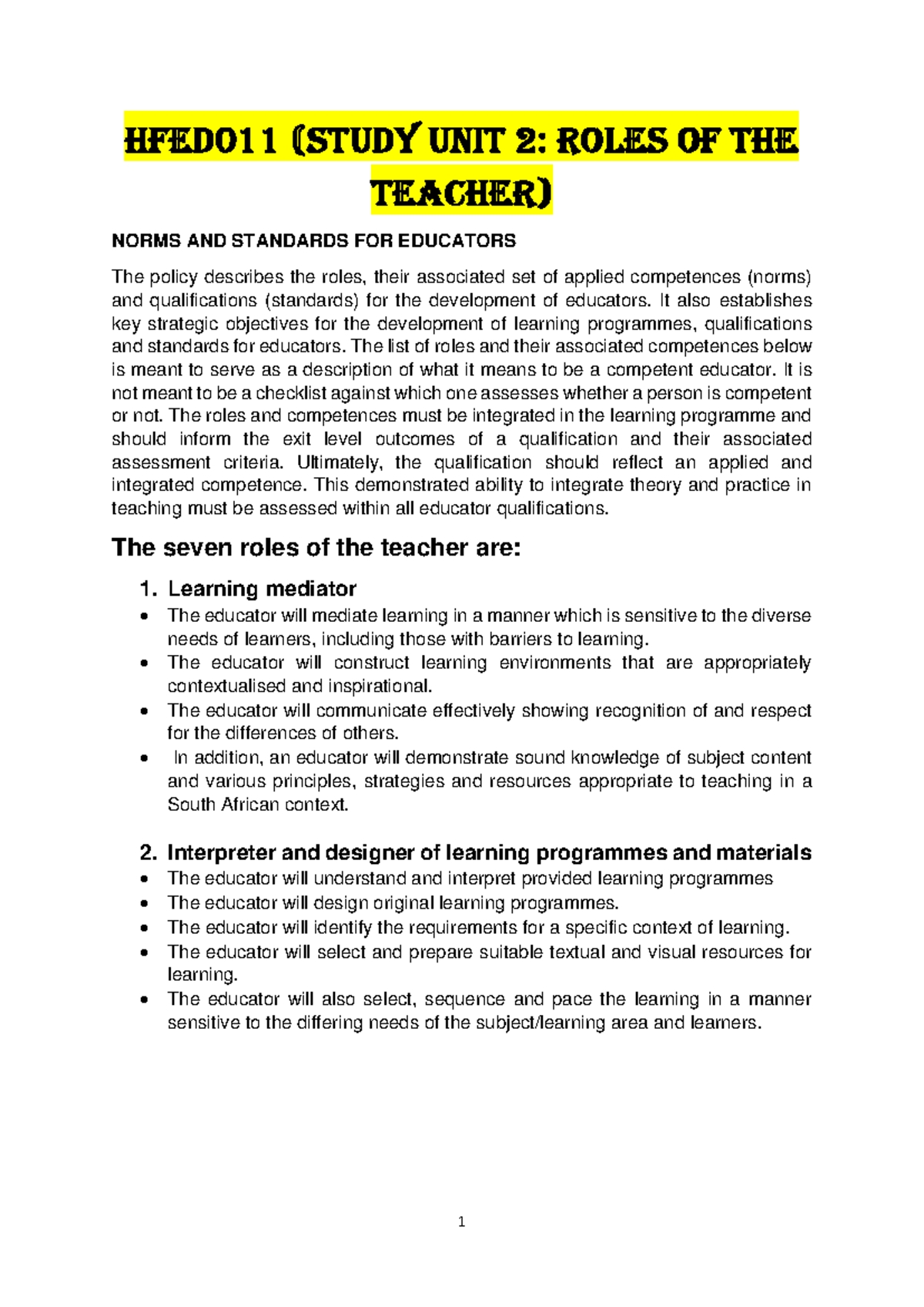 HFED011 Study Unit 2: The Seven Key Roles of a Teacher - Studocu