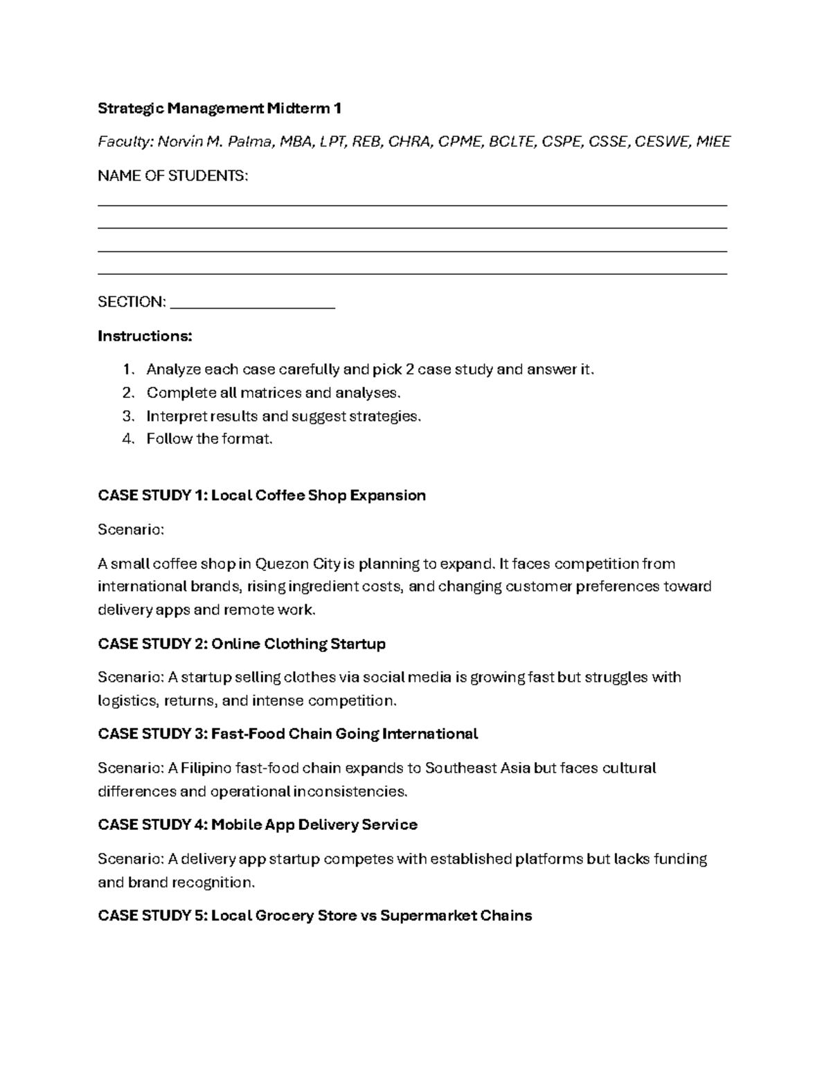 Strategic Management Midterm 1: Case Study Analysis and Strategies ...