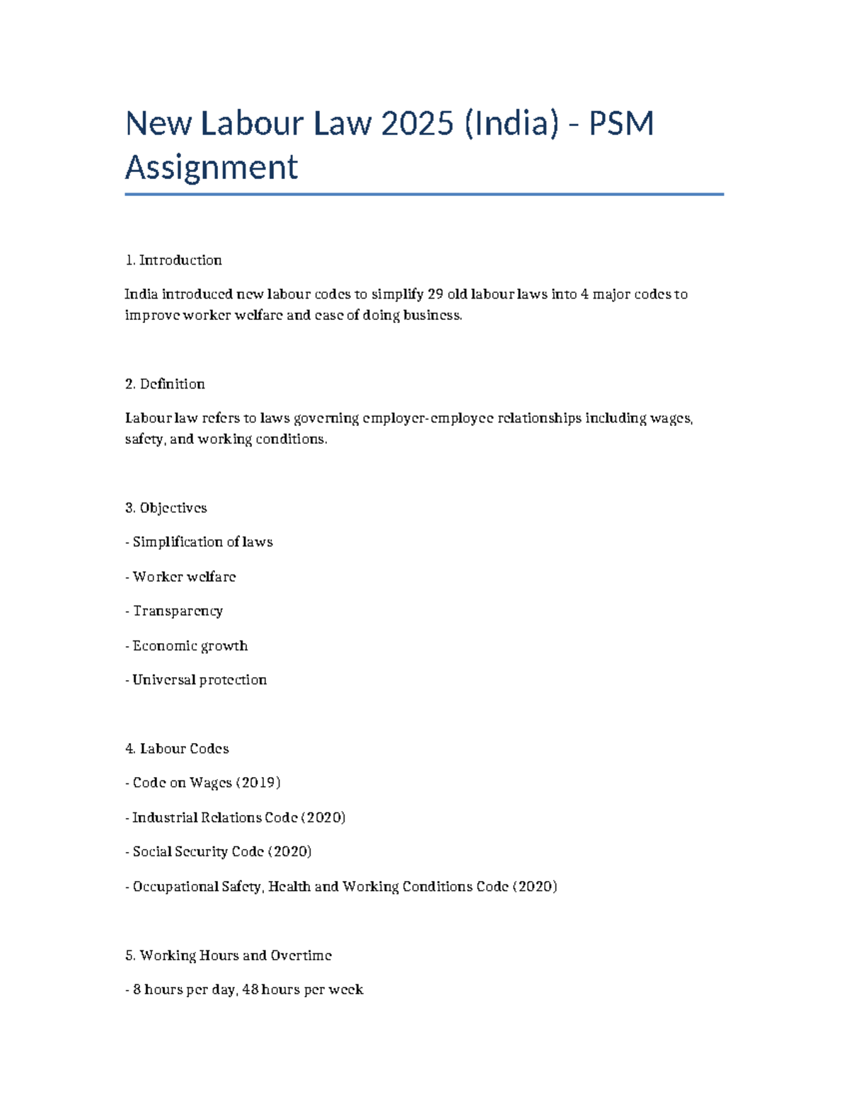 Labour Law 2025 PSM Assignment 1: Overview and Key Provisions - Studocu