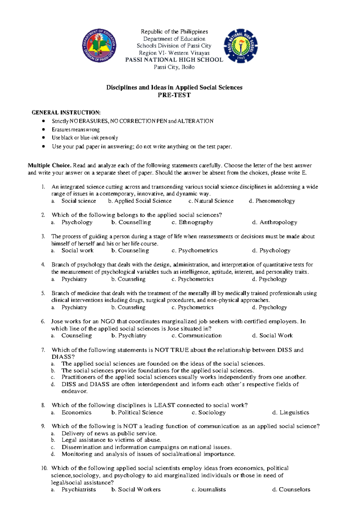 DIASS Pre-Test: Understanding Disciplines in Applied Social Sciences ...