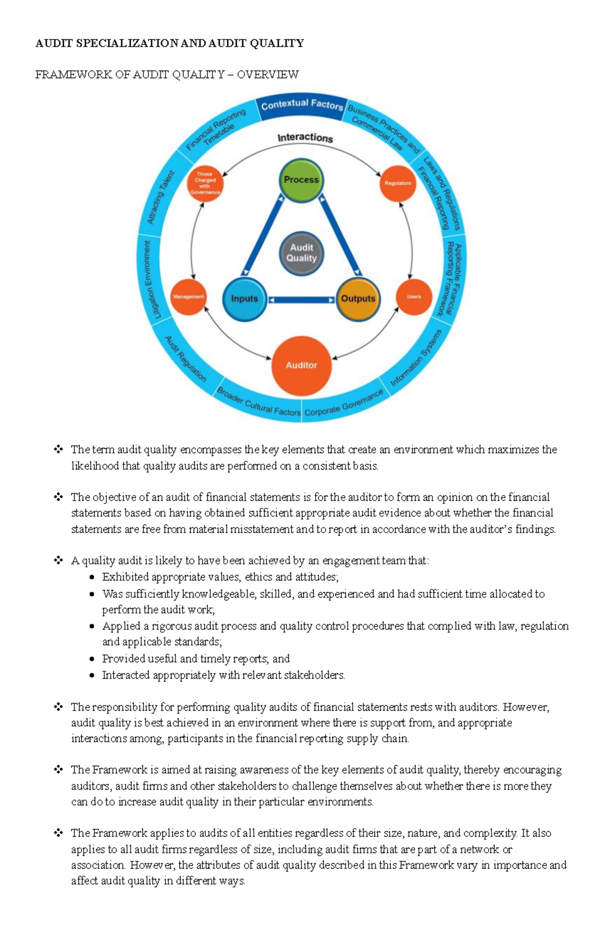 AUDIT 101: Framework for Audit Quality & Specialization Overview - Studocu