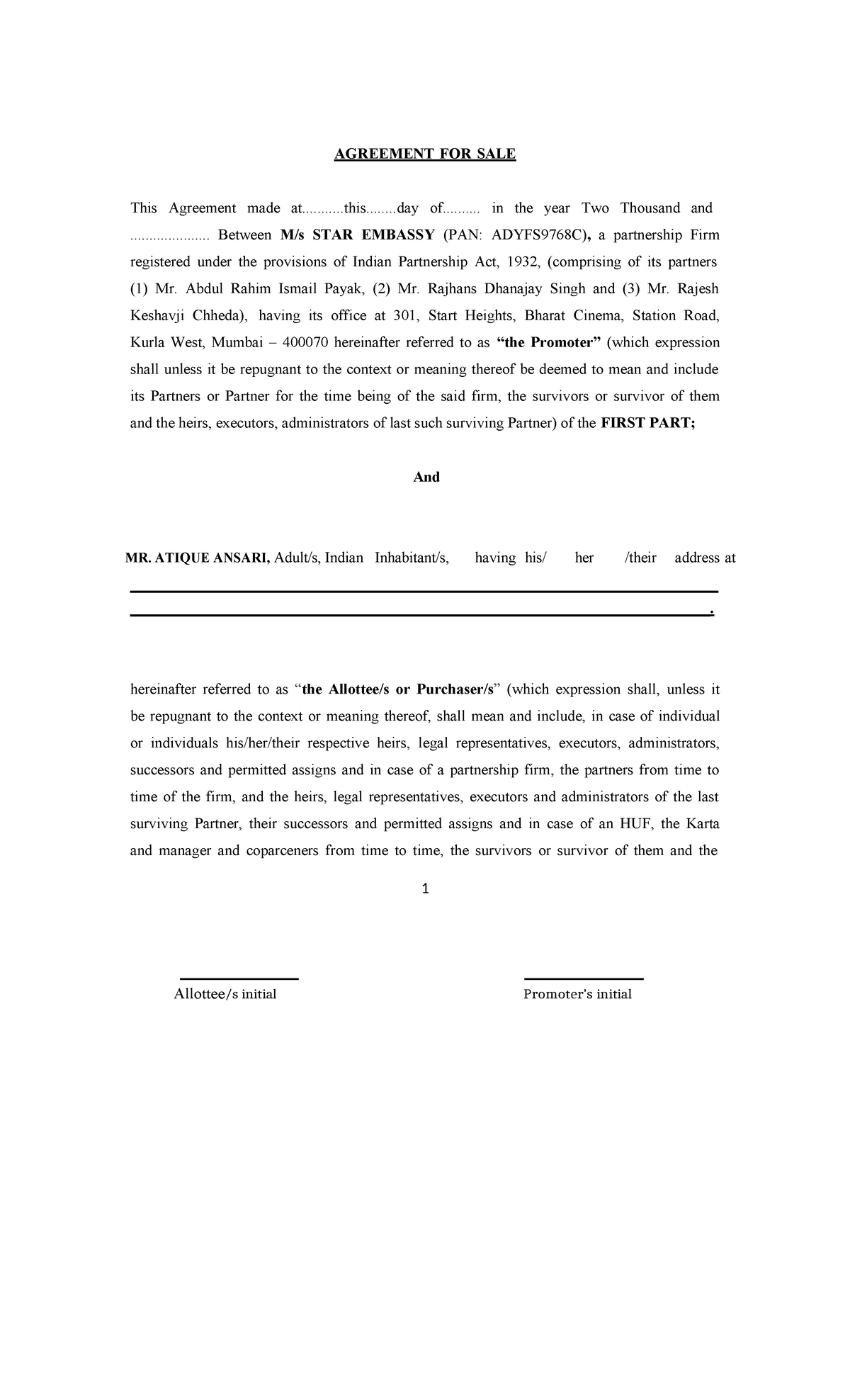 1 Proforma of Agreement for sale - AGREEMENT FOR SALE This Agreement ...