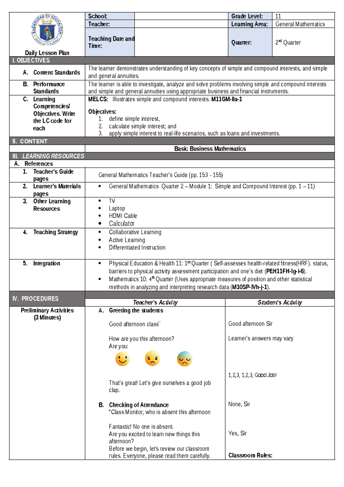 Detailed Lesson Plan for 11 General Mathematics: Simple Interest ...