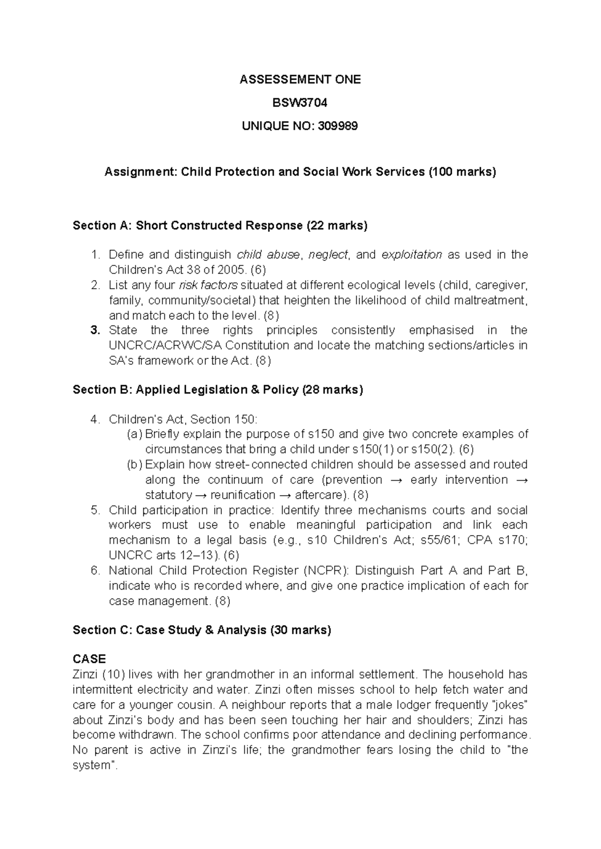 BSW3704 Assignment 1: Child Protection & Social Work Services Analysis ...