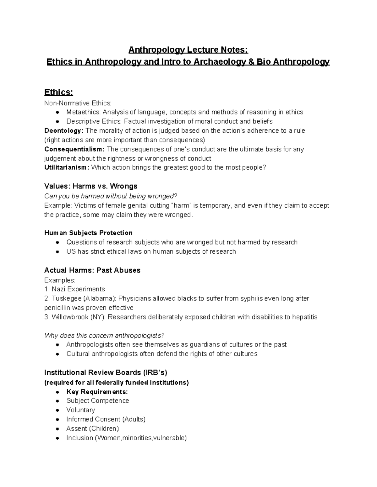 ANTH 2010 Lecture Notes: Ethics in Anthropology & Intro to Archaeology ...