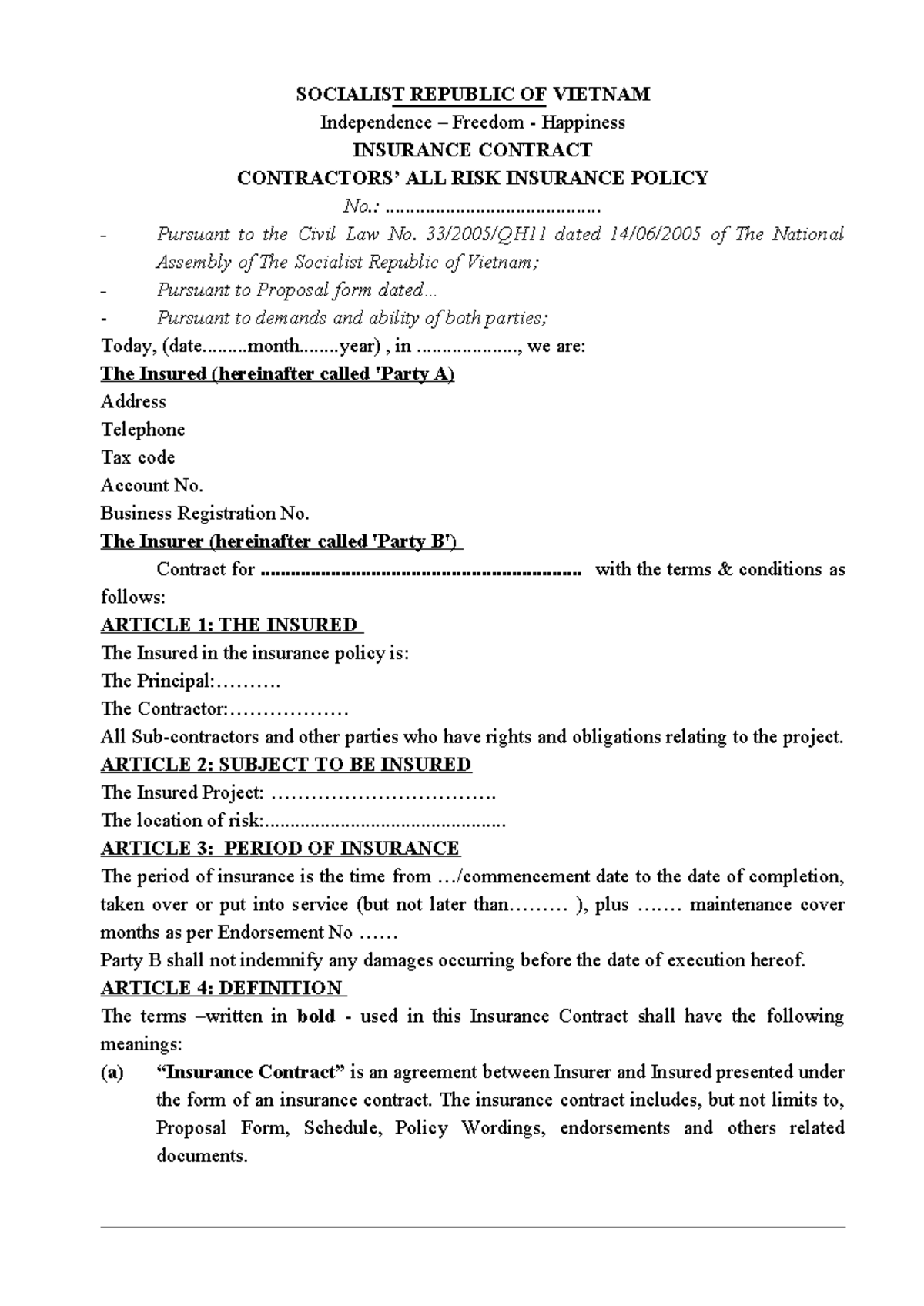 Insurance Contract for Contractors' All Risk Policy - No. [Insert No ...