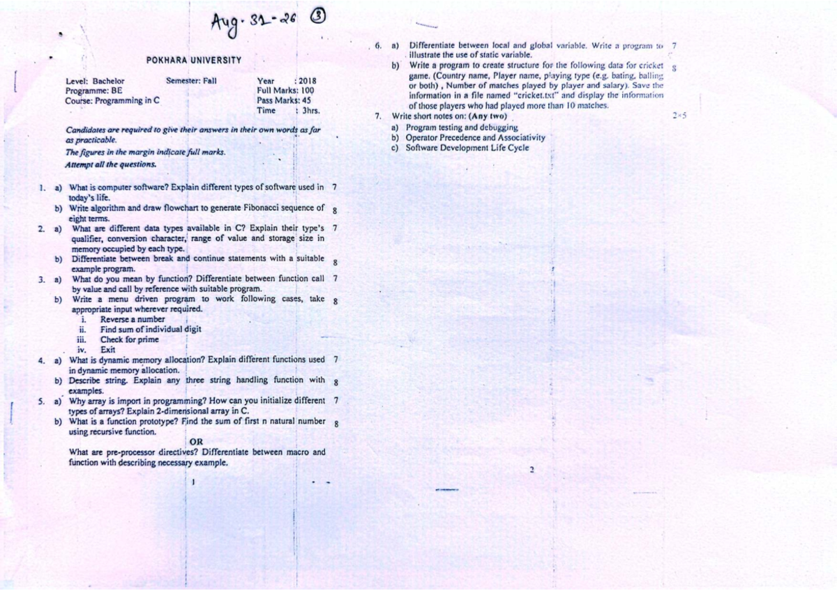 C Programming Questions - POKHARA UNIVERSITY (Bachelor, BE, Fall 2025 ...